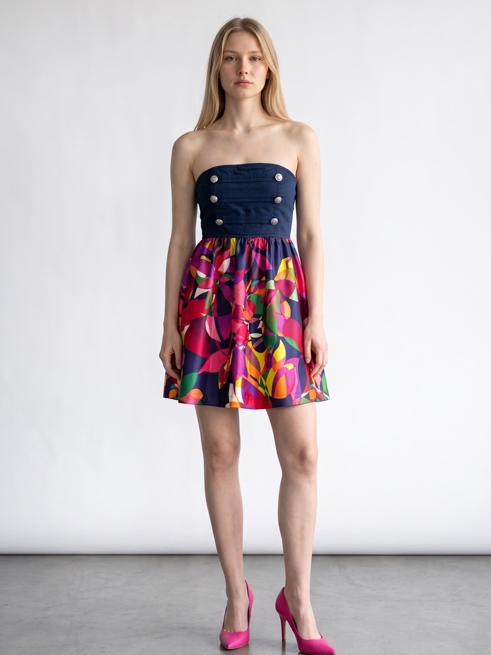 Timing Strapless Dress Small Navy Multicolor Abstract Fit Flare Military Buttons